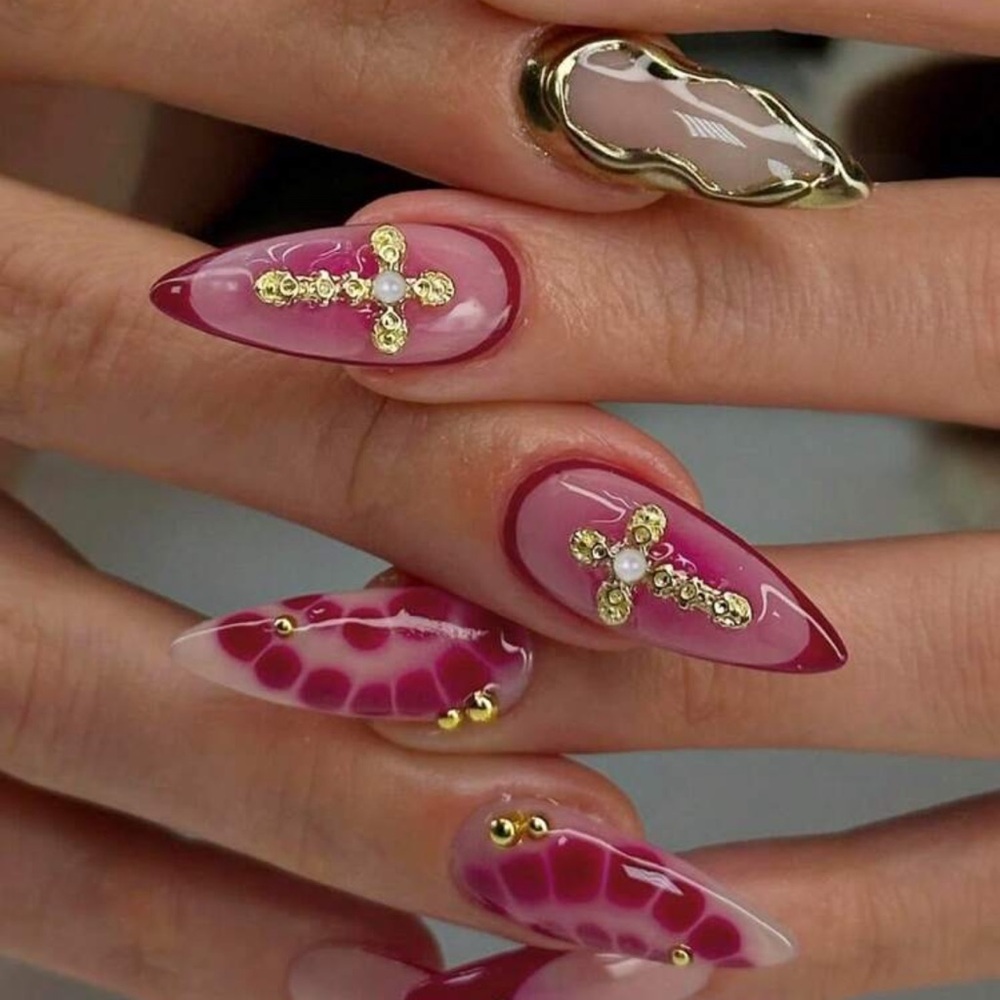 24Pcs Long Almond 3D Gelnails Makes Flower Nails Design French Tip Press On Nail - Picture 1 of 4